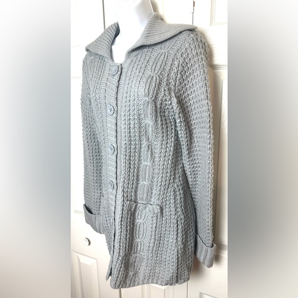 CAbi 346 100% Wool Cardigan Sweater Gray Chunky Cable Knit Pockets Long Length - Picture 2 of 8